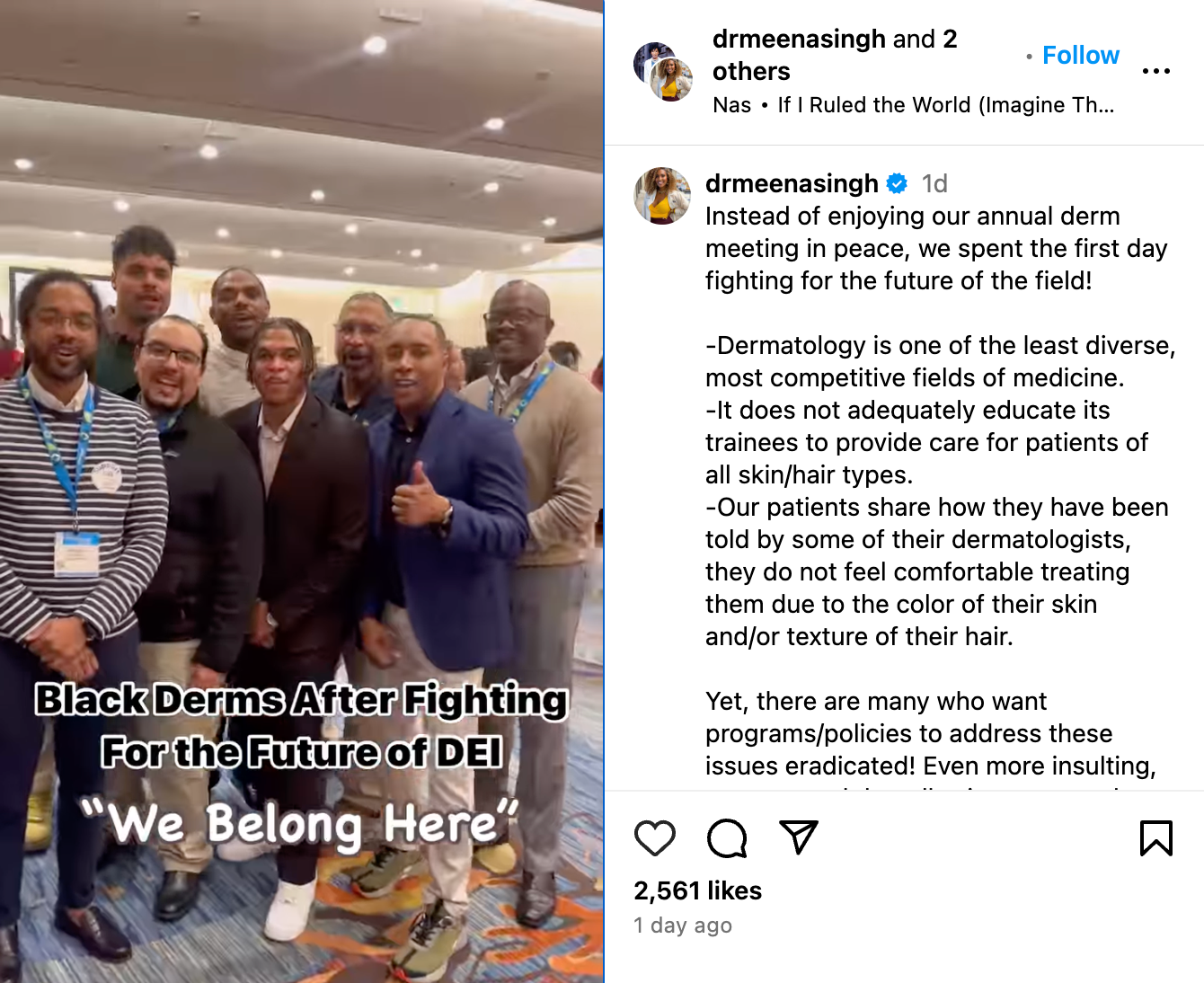 Meena Signh, MD, posted an Instagram video during AAD showing several Black dermatologists saying, "We belong here."