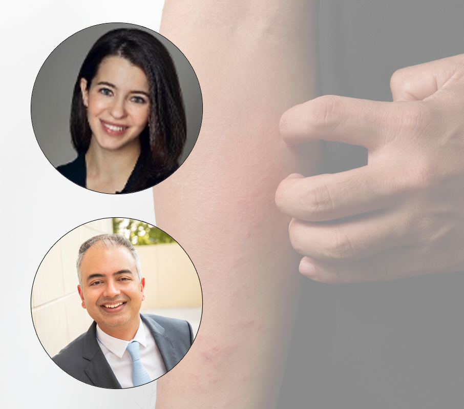 illustration comprising headshots of alexandra golant, md, and seemal desai, md, over an image of a man scratching a spot of atopic dermatitis on his arm