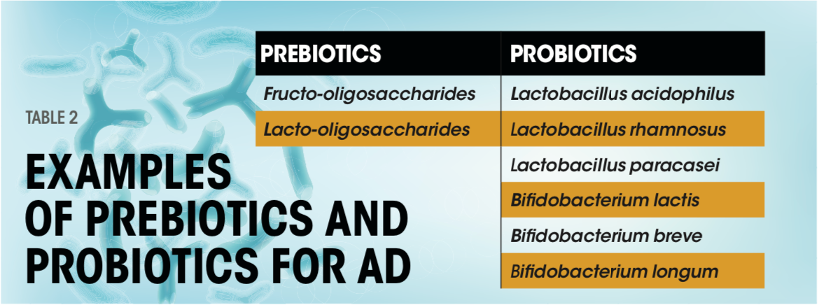 Examples of Prebiotics and Probiotics for AD  
