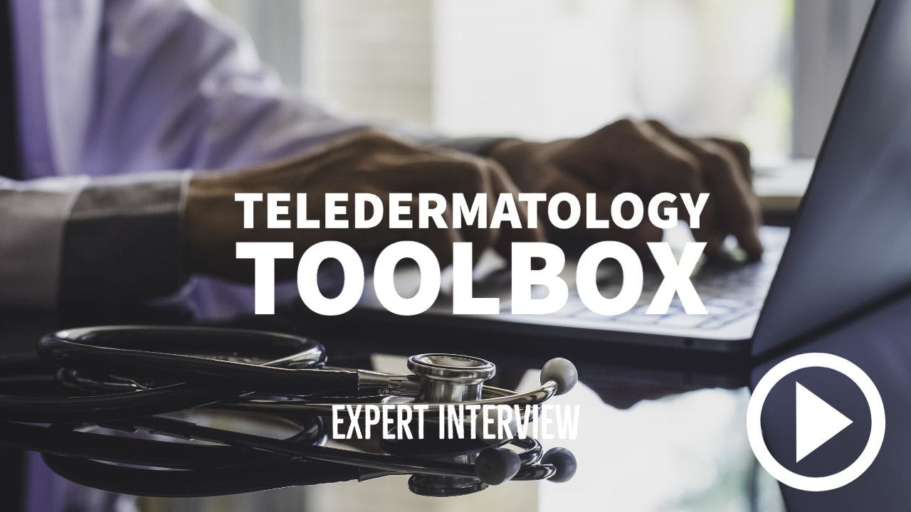 doctor typing on laptop. Writing: teledermatology toolbox - expert interview.
